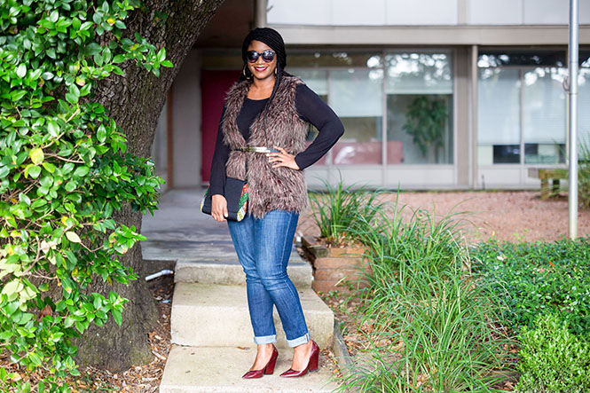 fur-vest-ankara-clutch-burgundy-wedges-1