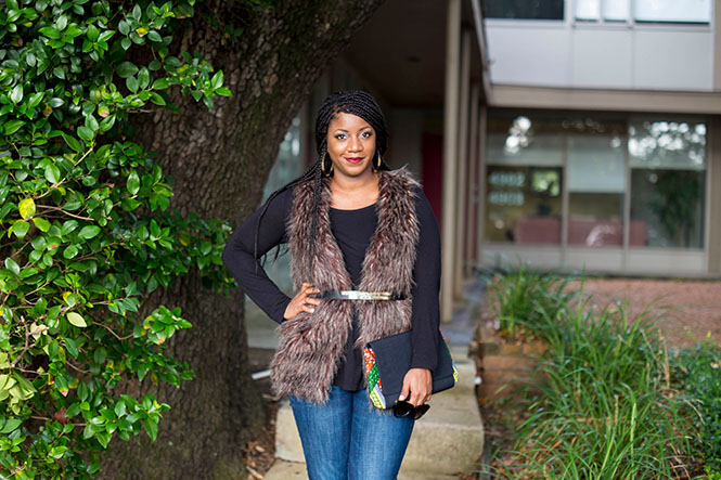fur-vest-ankara-clutch-burgundy-wedges-3