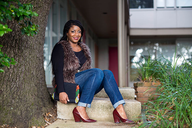 fur-vest-ankara-clutch-burgundy-wedges-7
