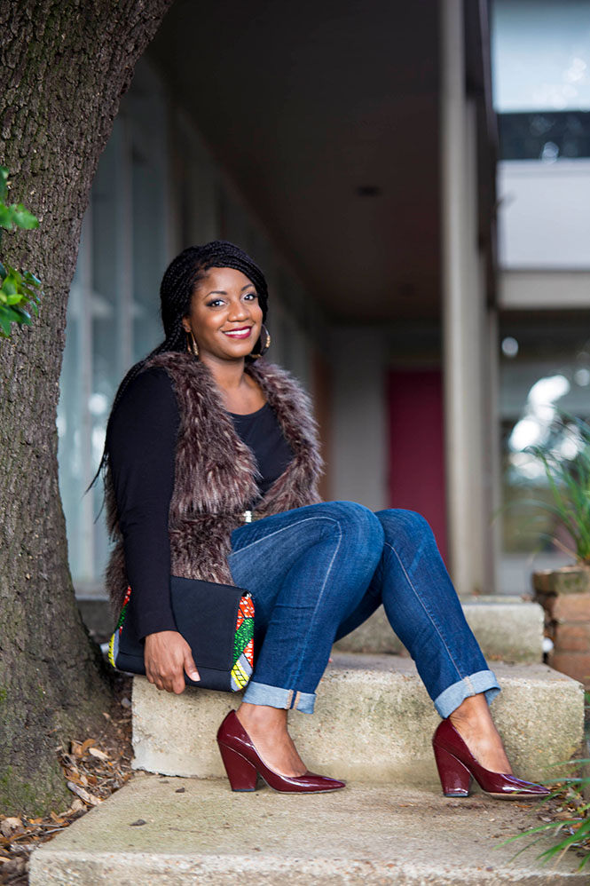 fur-vest-ankara-clutch-burgundy-wedges-8