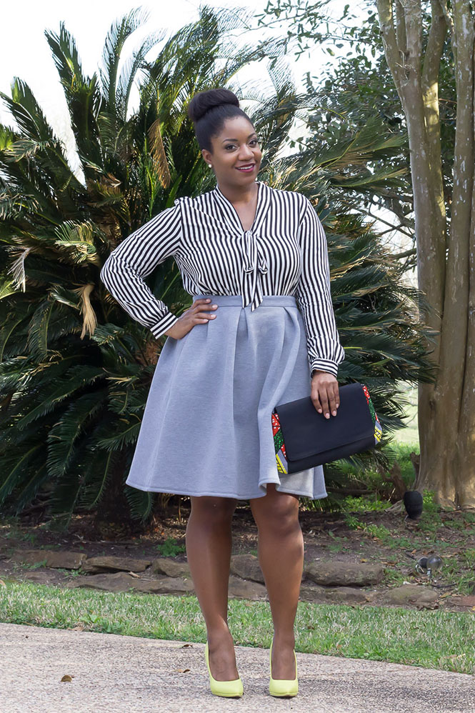 striped-blouse-grey-skirt-neon-pumps-ankara-clutch-1