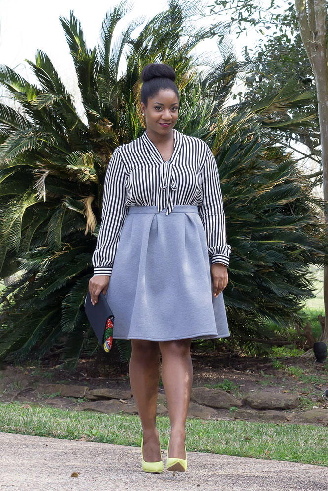 striped-blouse-grey-skirt-neon-pumps-ankara-clutch-2