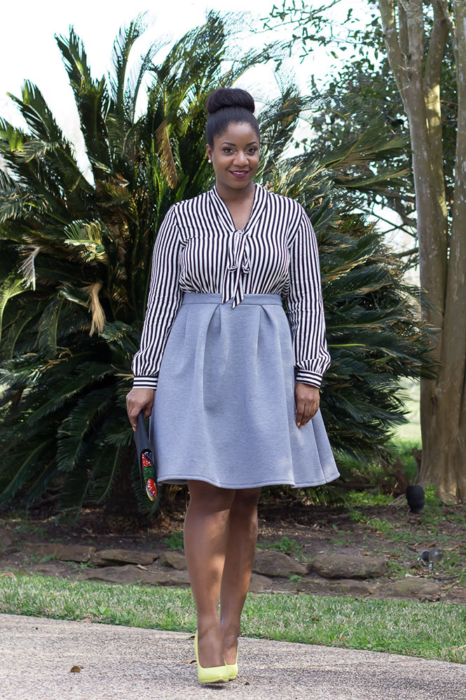 striped-blouse-grey-skirt-neon-pumps-ankara-clutch-3