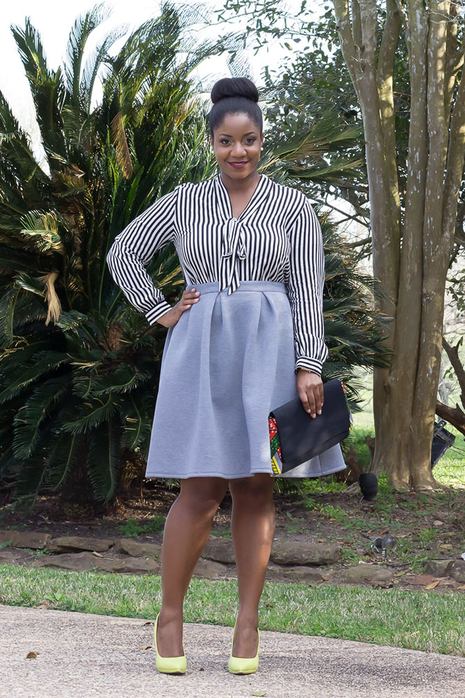 striped-blouse-grey-skirt-neon-pumps-ankara-clutch-7
