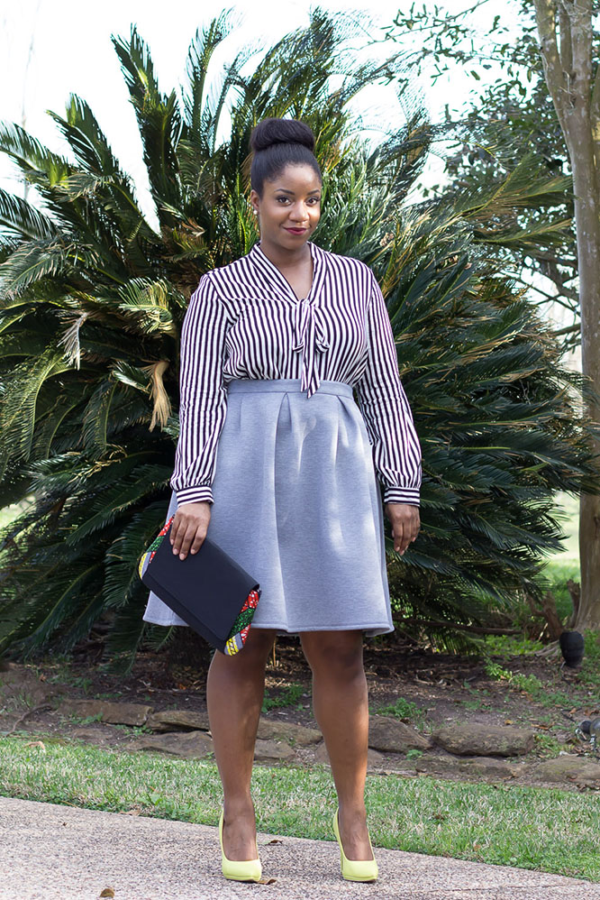 striped-blouse-grey-skirt-neon-pumps-ankara-clutch-8