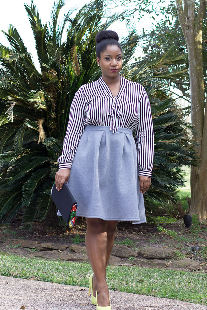 striped-blouse-grey-skirt-neon-pumps-ankara-clutch-9
