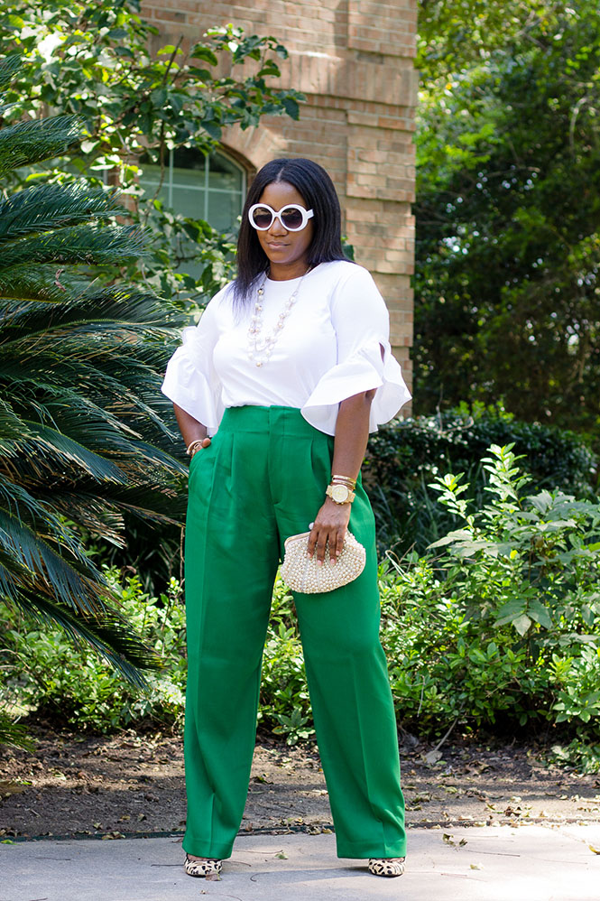 Green White Green + Ruffle Sleeve Tee and Wide Leg Pants - Queen of Sleeves