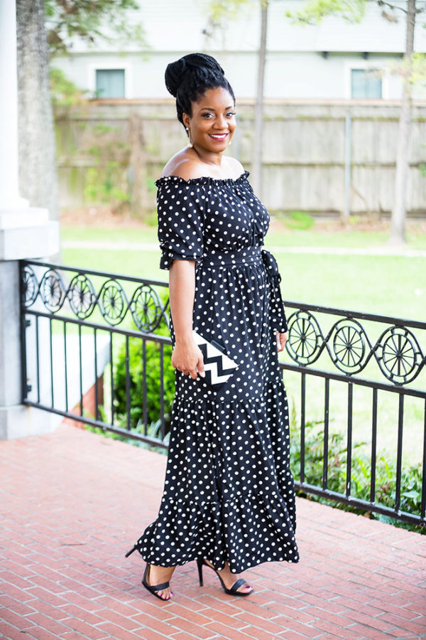 Kadie Off Shoulder Maxi Dress Black Polka Dot