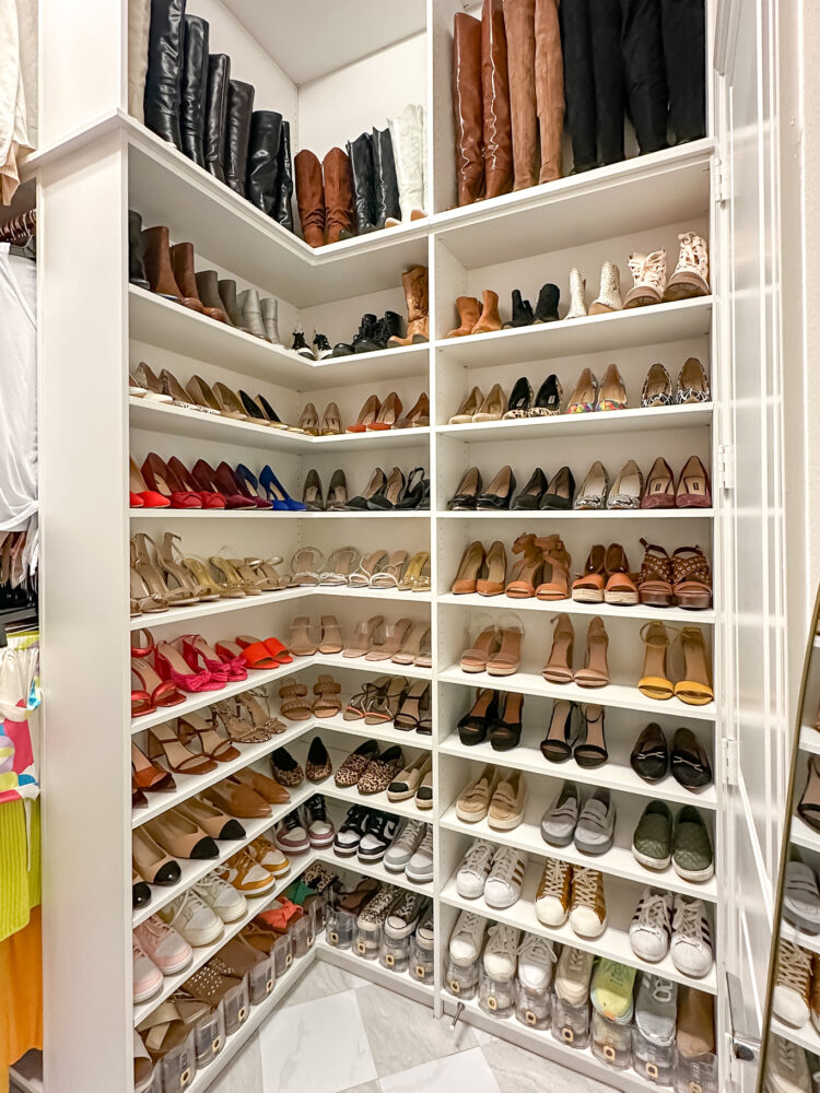 Stylish storage ideas for shoes and boots in a built-in closet