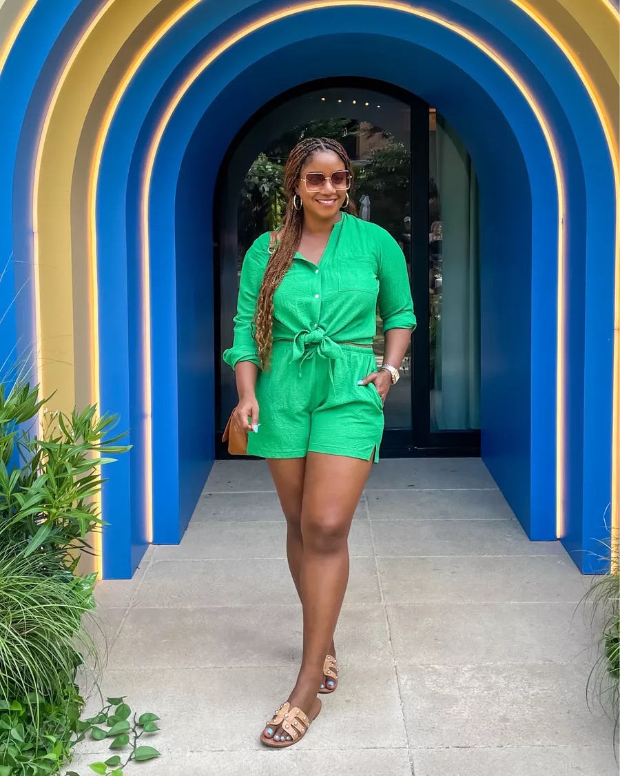 green two piece shorts set, a perfect spring brunch outfit