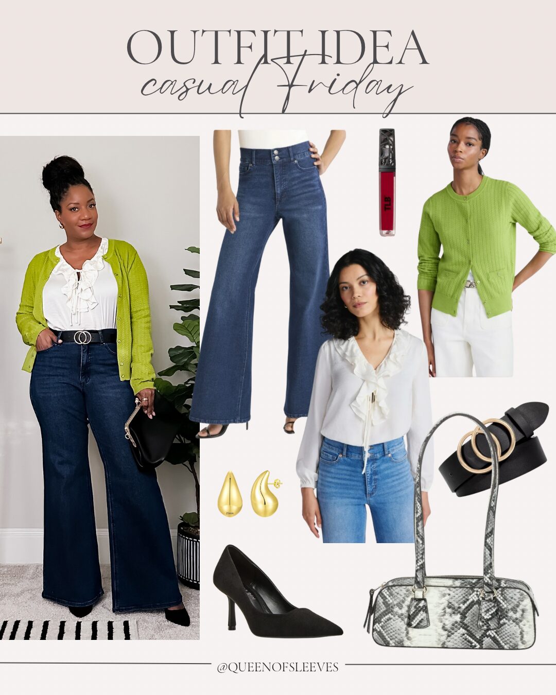 Style for Style Noire black pumps styled with jeans, white tee, and green cardigan for casual Friday office outfit
