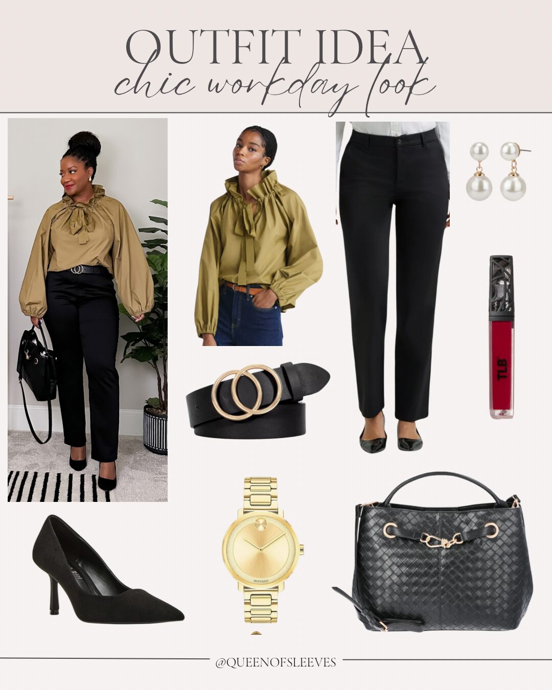 Style for Style Noire black pumps with olive blouse and black pants for chic workday office outfit