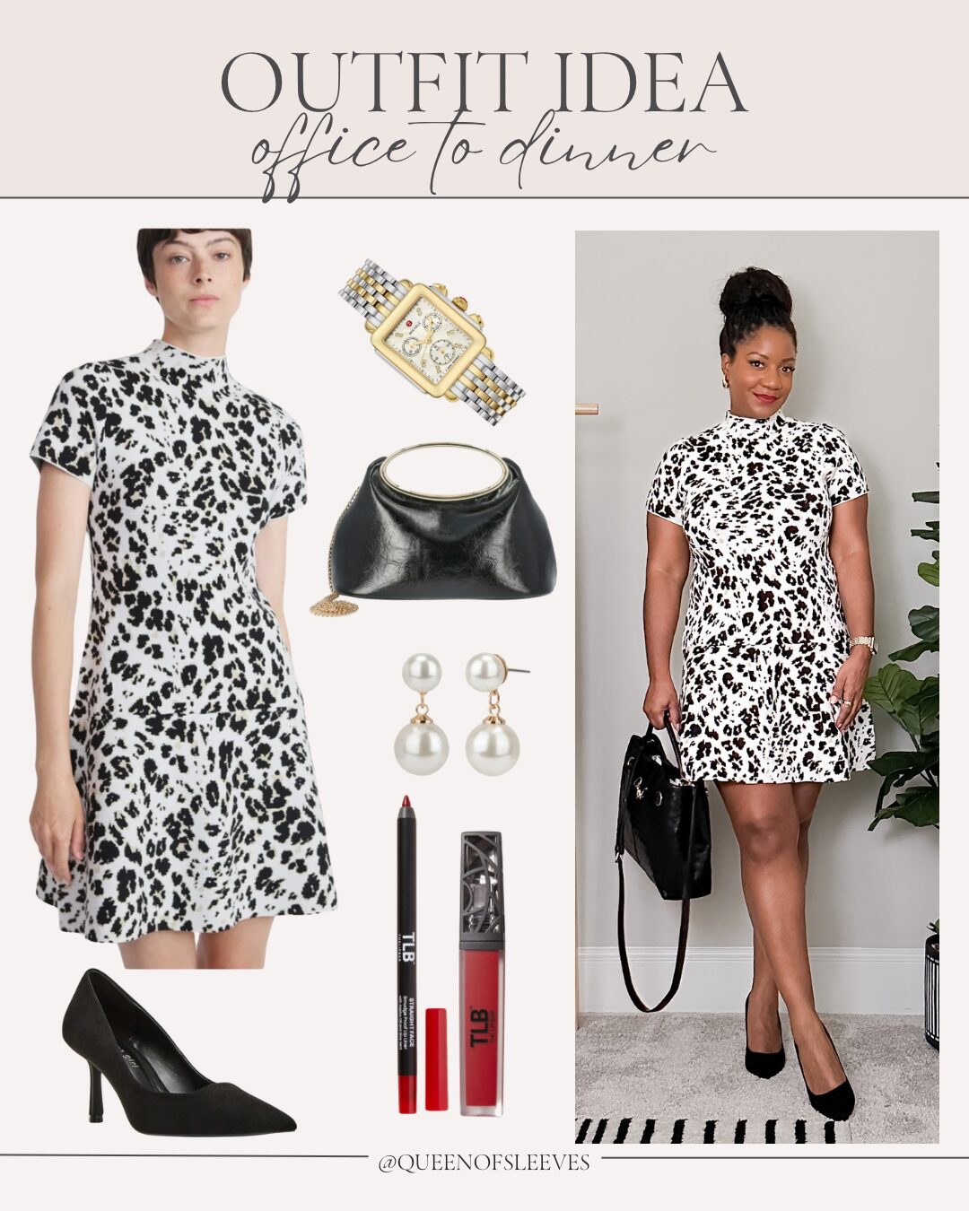 Style for Style Noire black pumps styled with black and white dress for office to dinner outfit