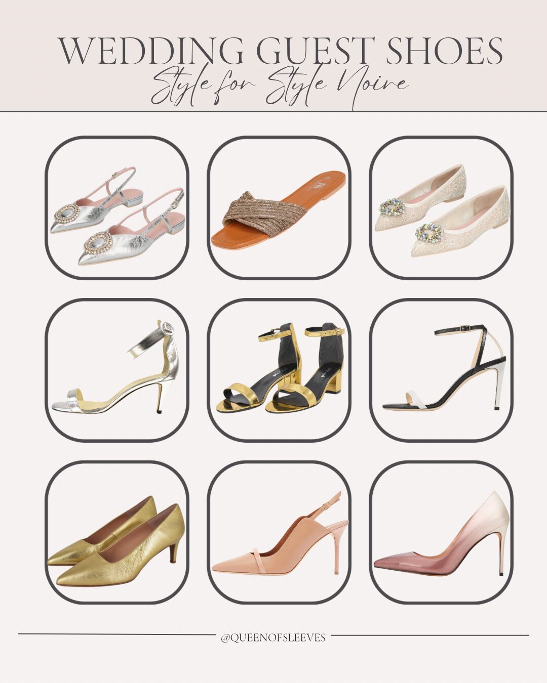 Collage of wedding guest shoes featuring silver flats with embellishments, gold woven slides, ivory jeweled flats, metallic silver strappy heels, black and gold block heels, minimalist black stilettos, gold pumps, blush slingback heels, and ombre pink pointed-toe pumps.