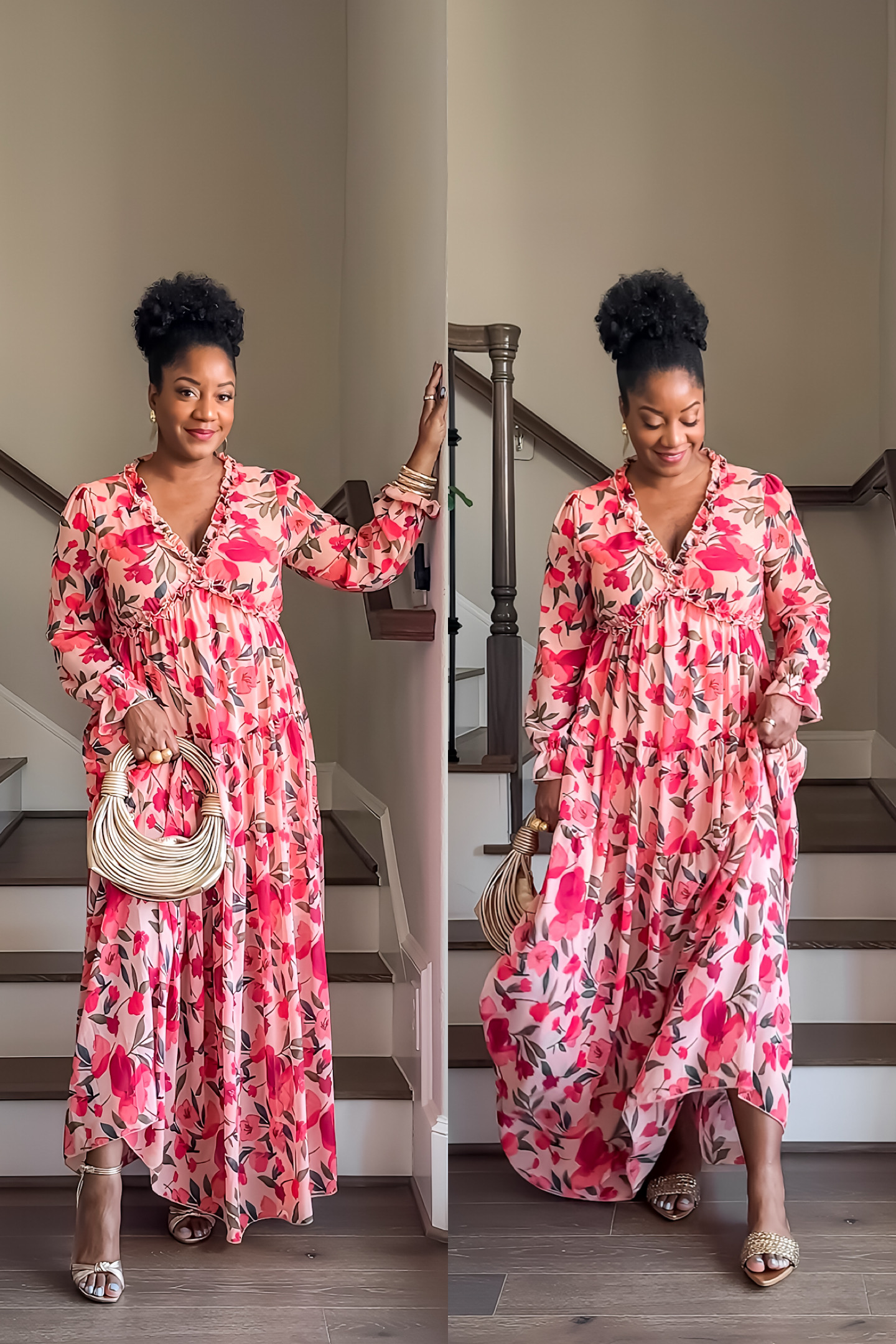 Woman in a pink floral maxi dress with long sleeves and ruffle details, styled with a woven clutch and gold heels.