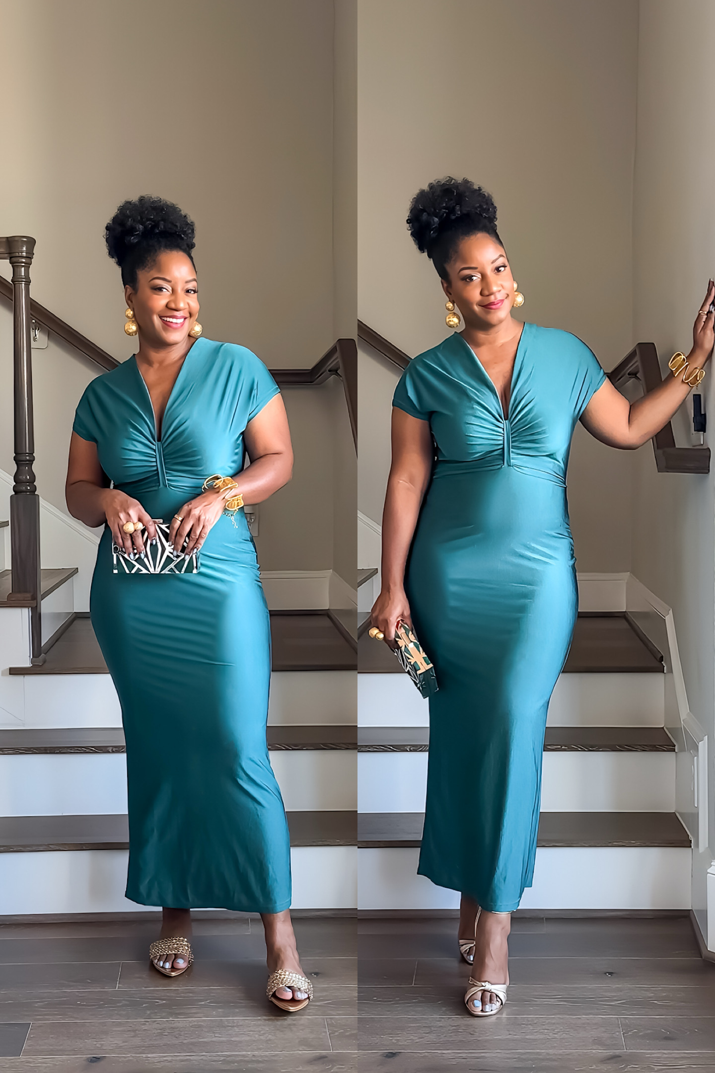 Woman wearing a teal satin midi dress styled with gold earrings, bangles, and clutch, perfect for wedding guest or evening wear