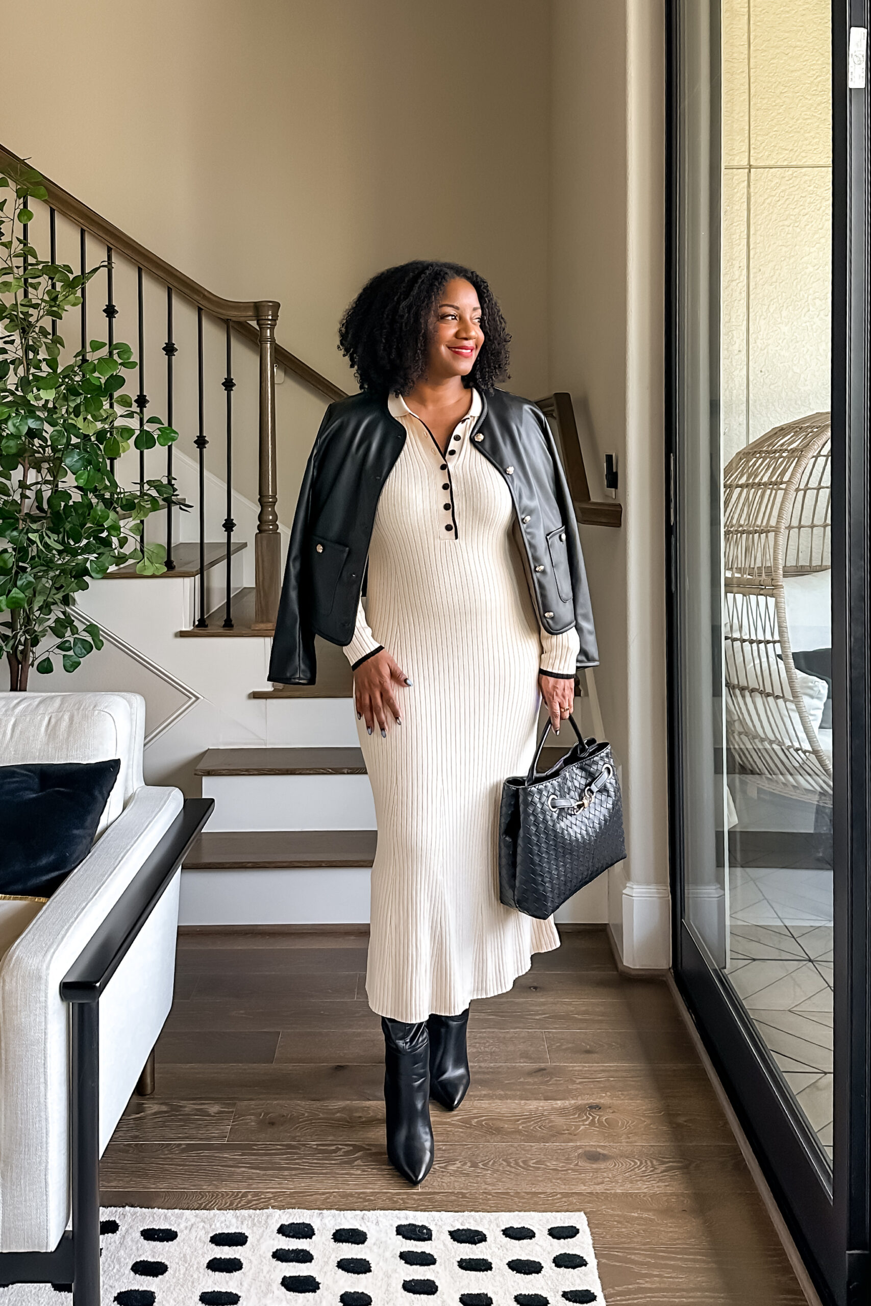 holiday outfit ideas styling tall boots knit dress leather jacket 