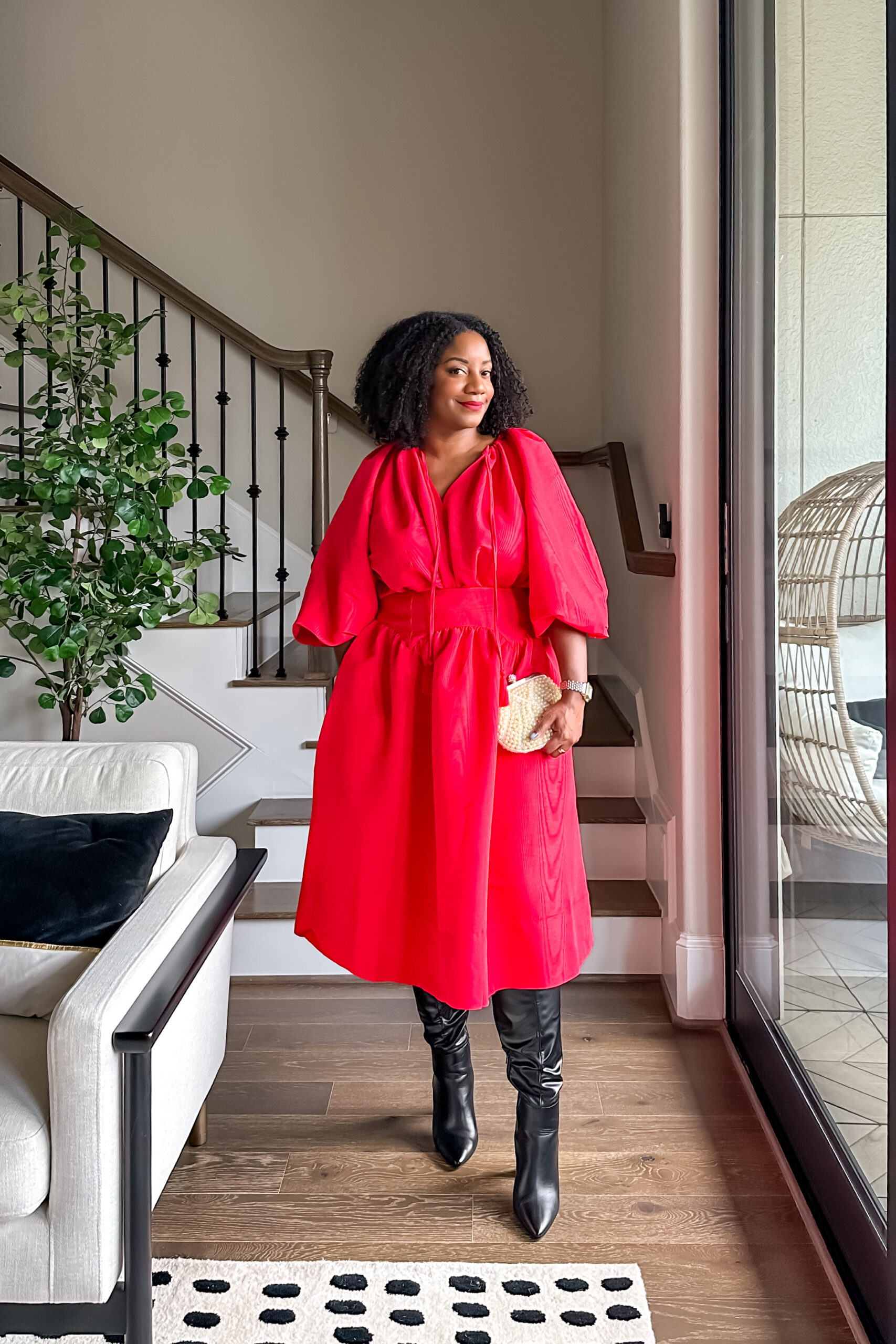 holiday outfit ideas styling tall boots red dress 