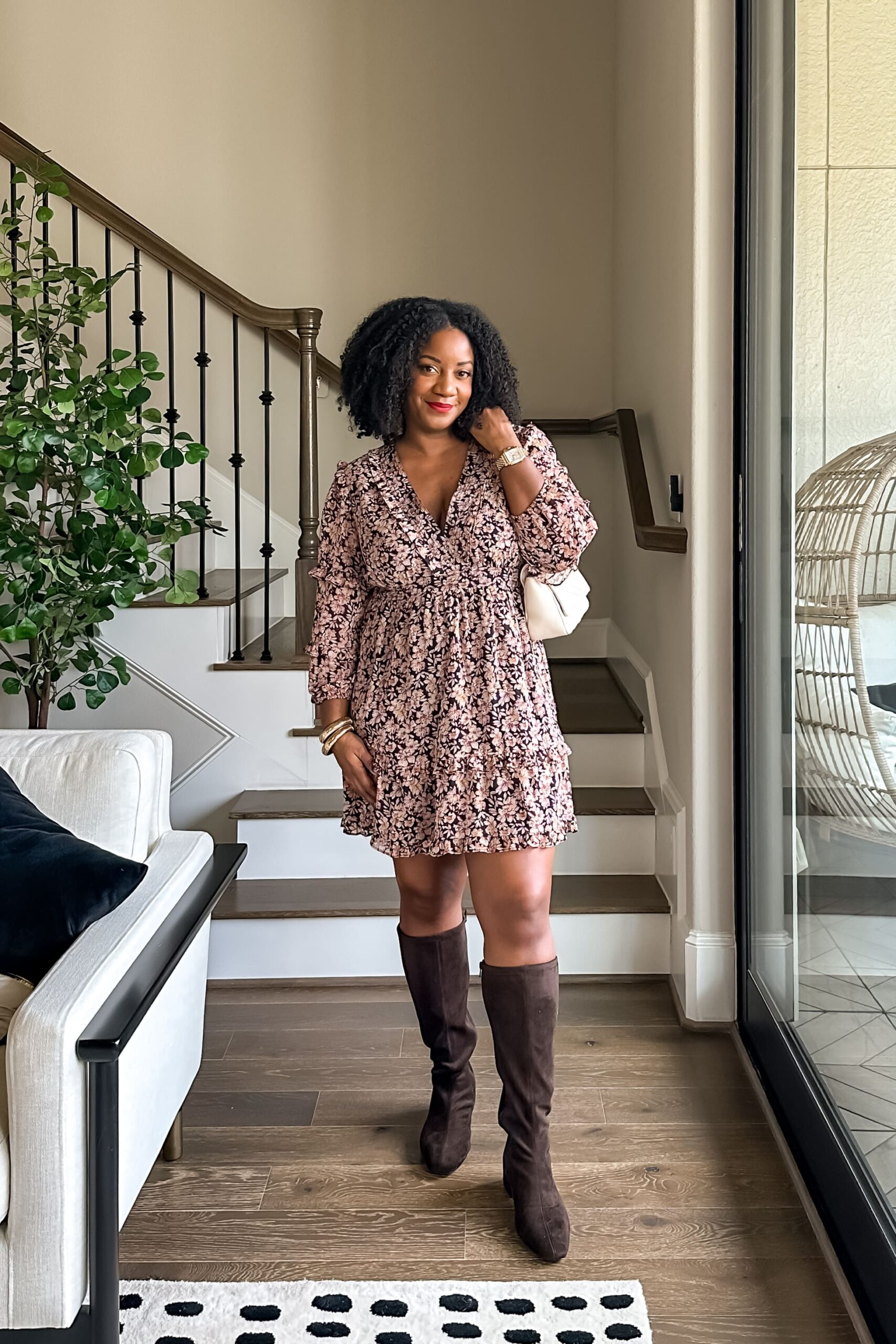 holiday outfit ideas styling tall boots floral dress