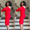 Before and after wearing the Honeylove SuperPower Short under a red off shoulder ruched midi dress. Shows smoother stomach and hip area