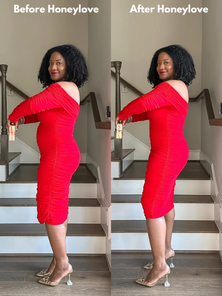 Before and after wearing the Honeylove SuperPower Short under a red off shoulder ruched midi dress. Shows smoother stomach and hip area