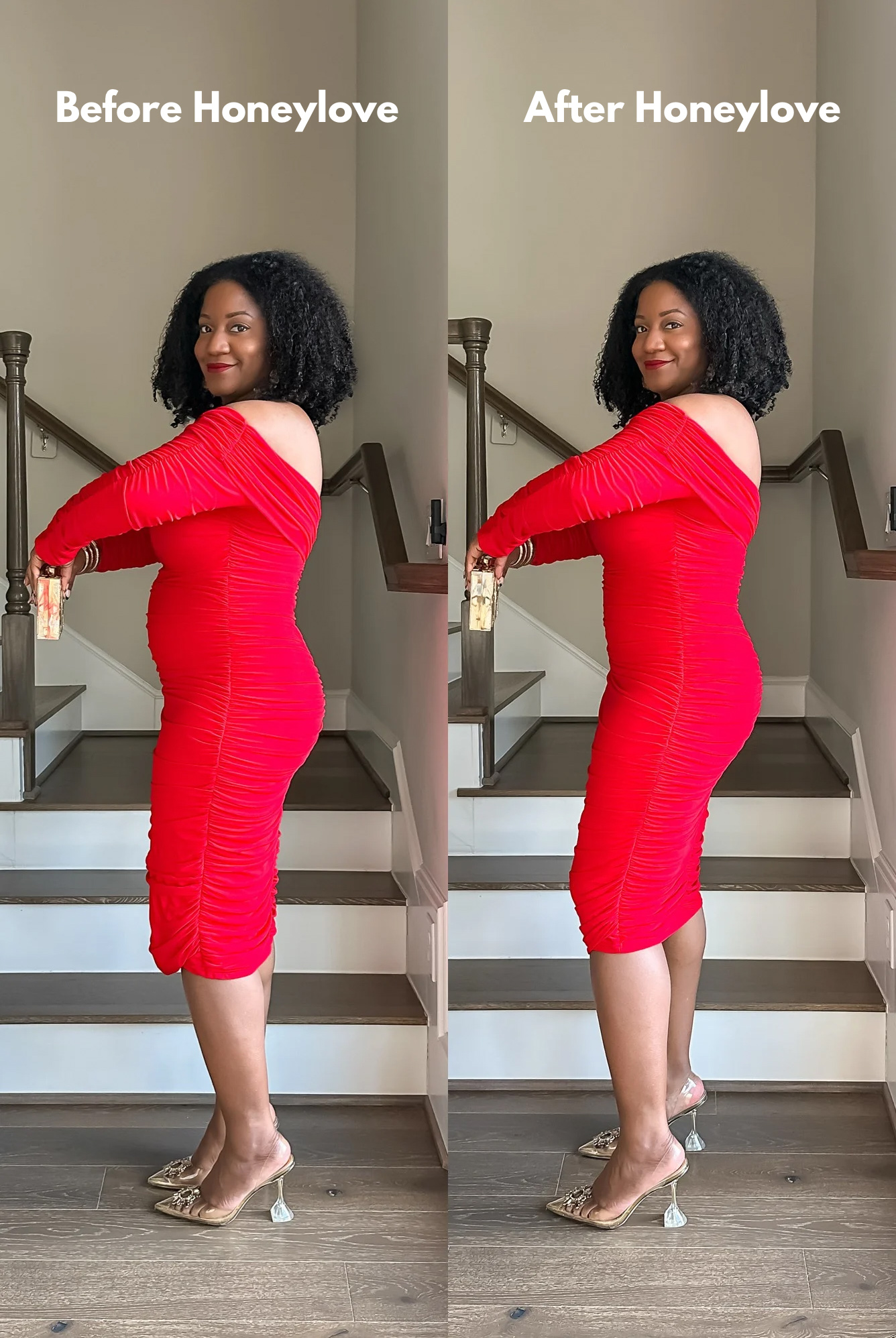 Before and after wearing the Honeylove SuperPower Short under a red off shoulder ruched midi dress. Shows smoother stomach and hip area