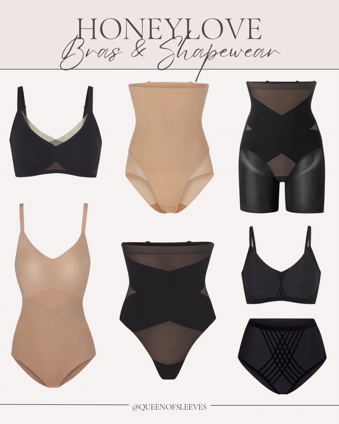 Collage of Honeylove bras and shapewear including the SuperPower Short, SuperPower Thong, SuperPower Brief, Crossover Bra, and other best selling shaping pieces curated by Queen of Sleeves featured in this Honeylove Shapewear review