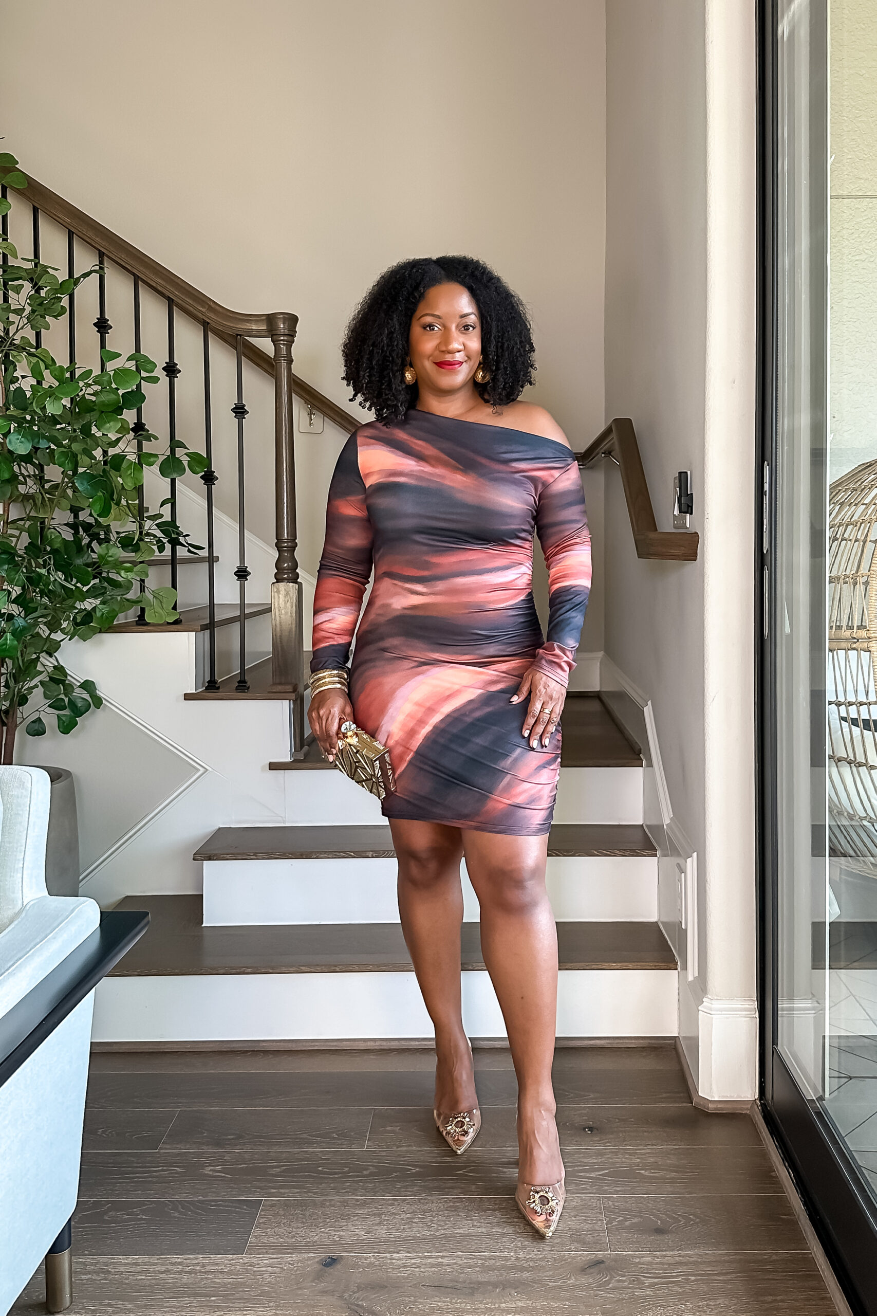 printed one shoulder bodycon mini dress styled with the Honeylove SuperPower Thong for invisible smoothing.