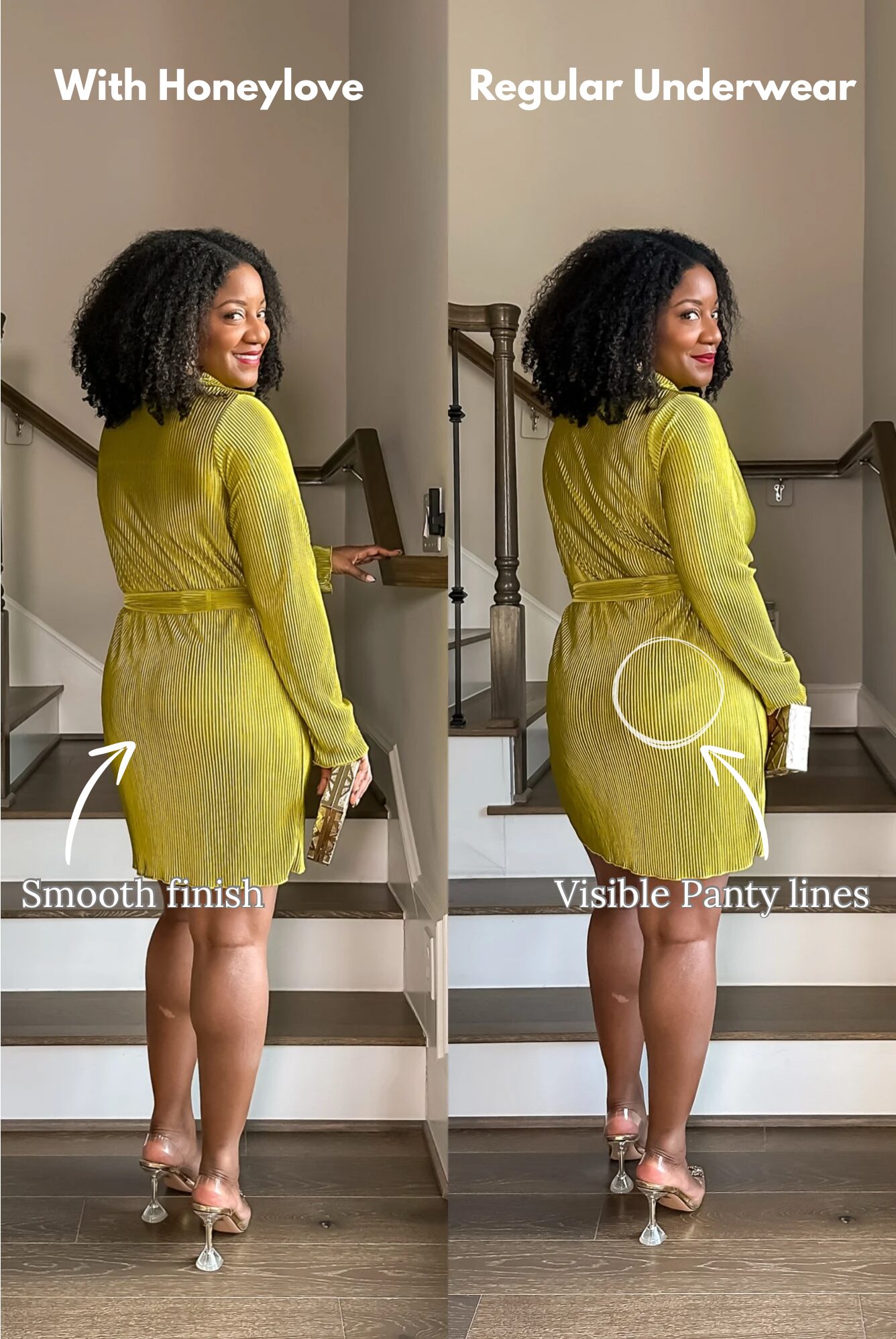 Comparison of Honeylove SuperPower Brief versus regular underwear under a chartreuse mini dress. Shows smooth finish and no panty lines.