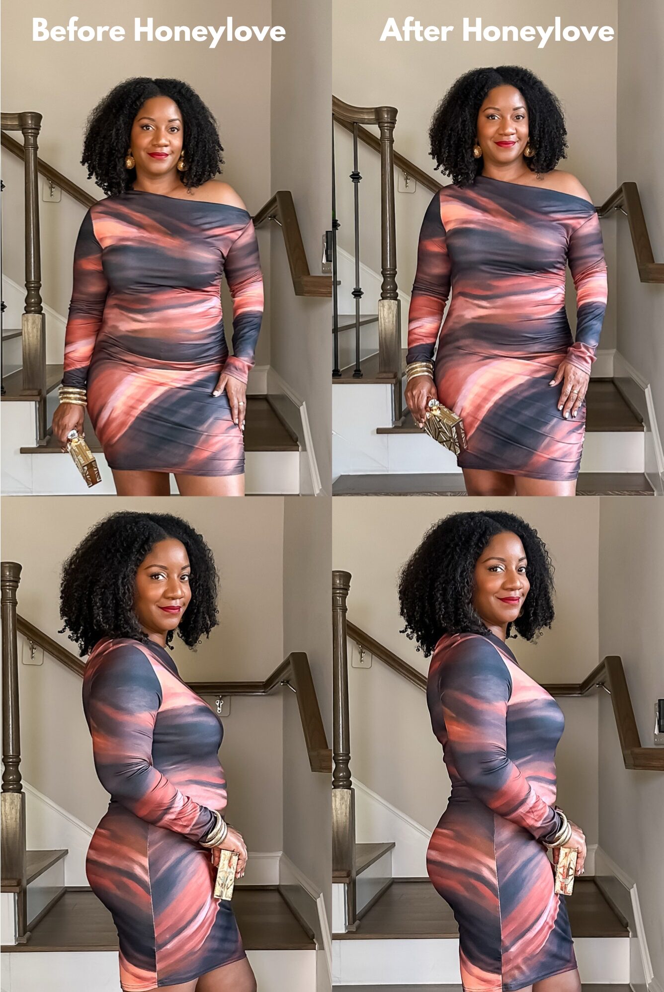 Before and after wearing the Honeylove SuperPower Thong under a printed bodycon mini dress. Shows smoother, smaller waist