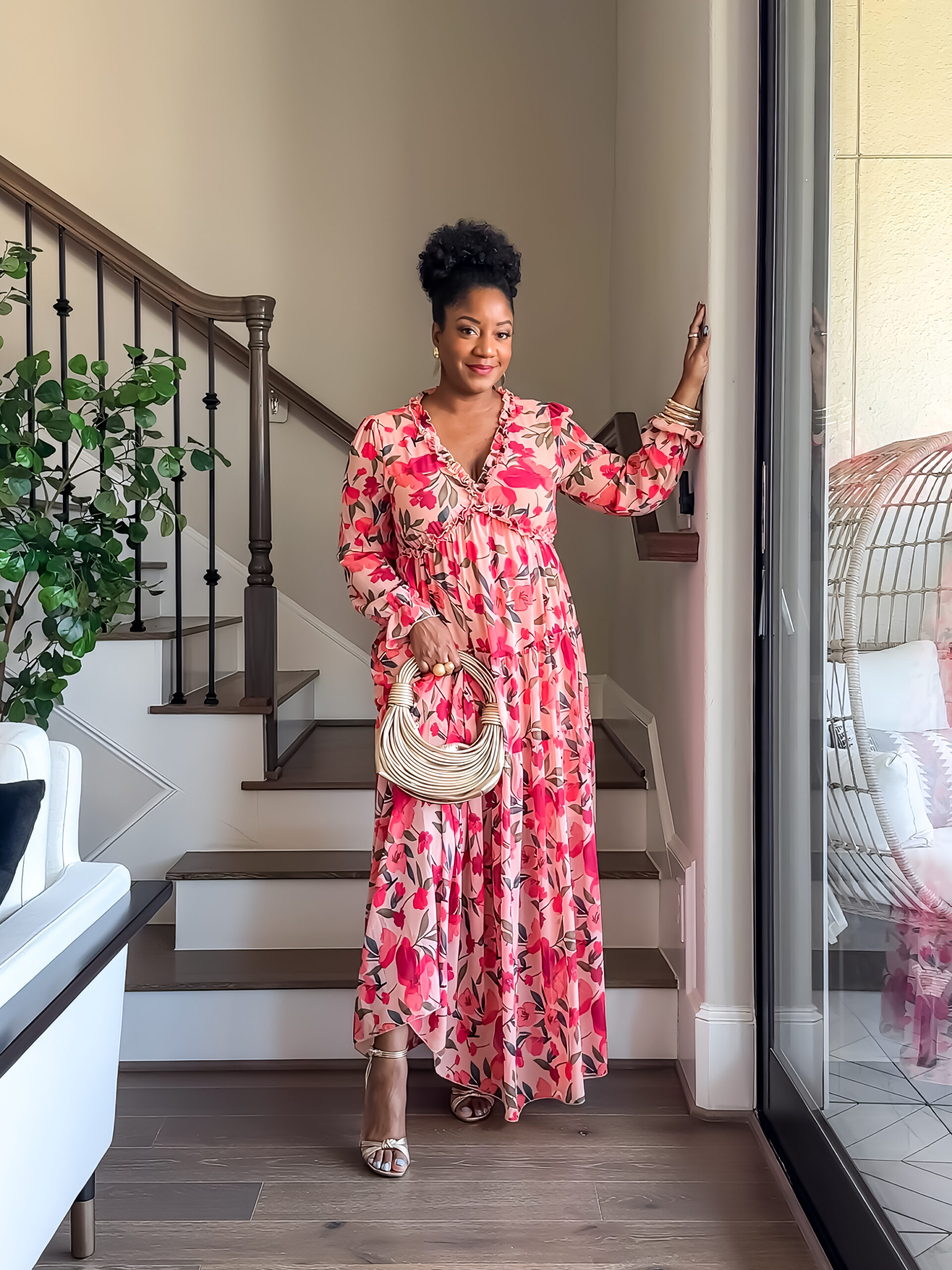 Pink floral long-sleeve maxi dress for Easter church service