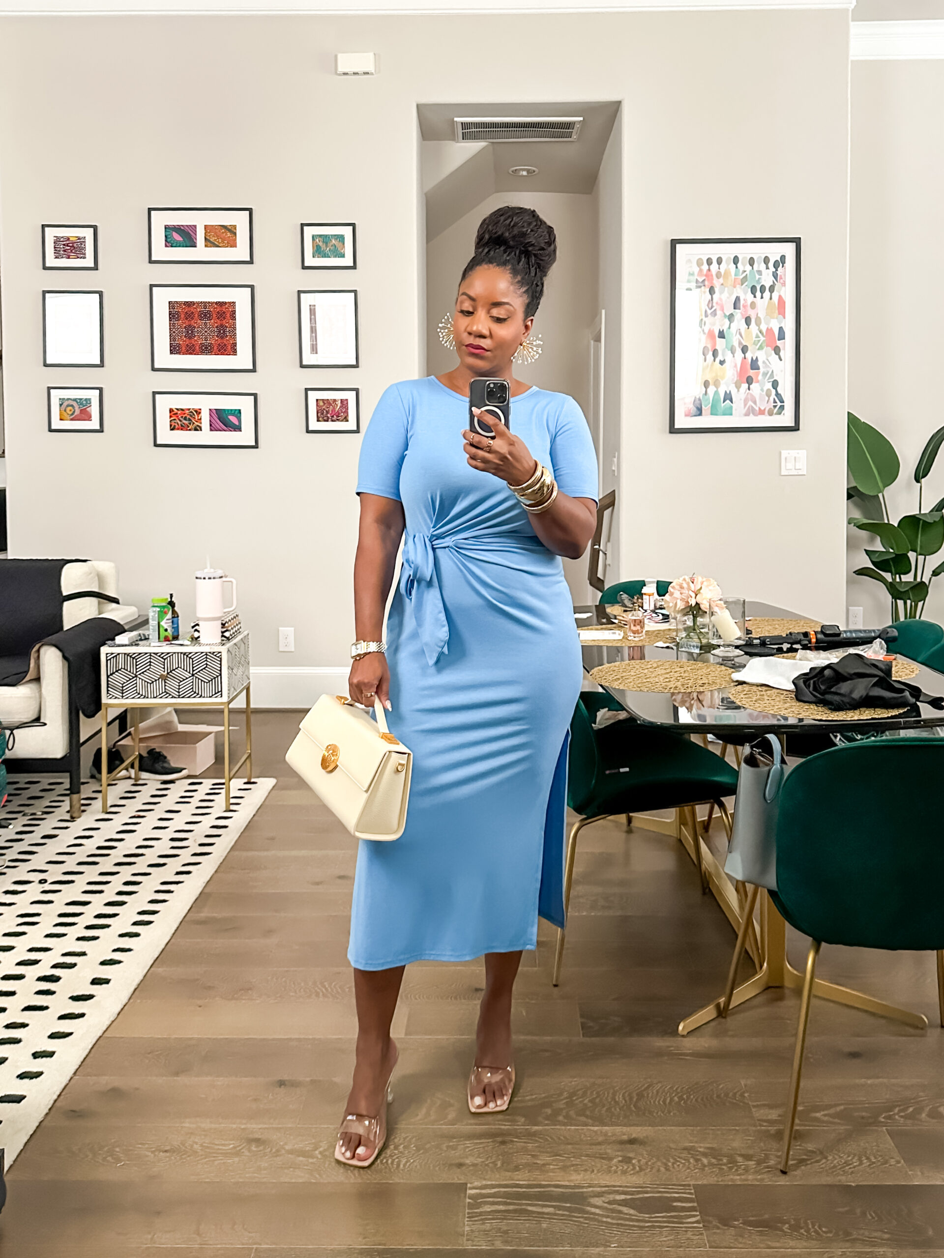 Light blue tie-waist midi dress perfect for Easter Sunday church