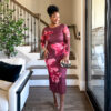 Burgundy midi dress with pink floral print and long sleeves styled for Easter Sunday church