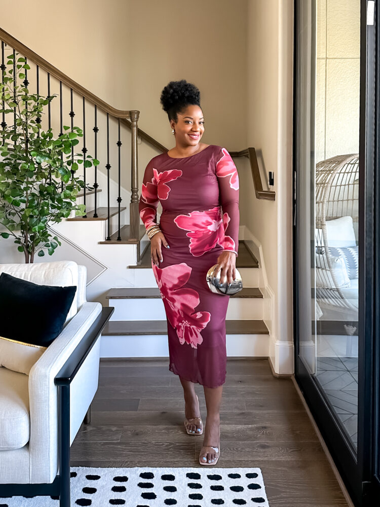 Burgundy midi dress with pink floral print and long sleeves styled for Easter Sunday church